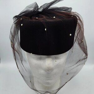 Vintage Black Pillbox Hat w Bow & Veil 100% Wool Felt Bollman & Co USA Black